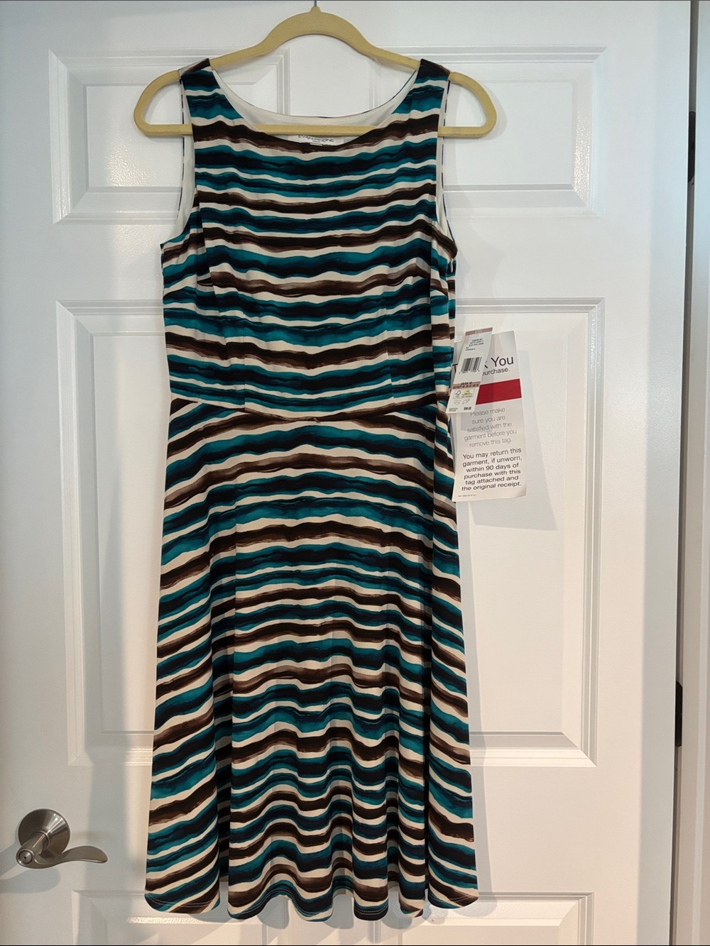 Evan Picone Teal, Brown, Black & Cream Striped Sleeveless Midi Dress